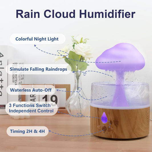 Rain Cloud Humidifier, 3 in 1 Humidifier/Oil Diffusers/7 Colors Night Light, Humidifier for Bedroom, Simulate Falling Raindrops, for Sleeping, Relaxing, Mushroom