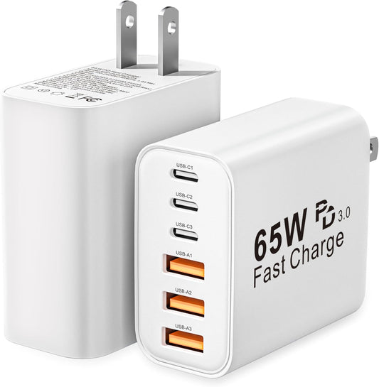 USB C Charger Block, 2-Pack 65W 6-Port USB C Wall Charger iPhone Charger Fast Charging PD Power Adapter+QC Wall Plug Multiport Type C Brick Chargers for iPhone 16 15 14 13 12 11 Pro Max XS,Samsung