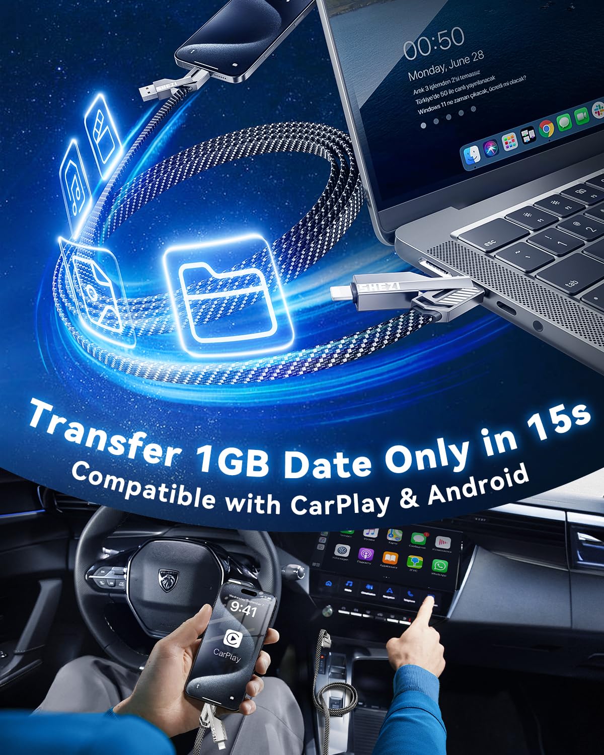 1m Fast Charging Cable Four-in-one data cable multi-function data cable mecha zinc alloy braided